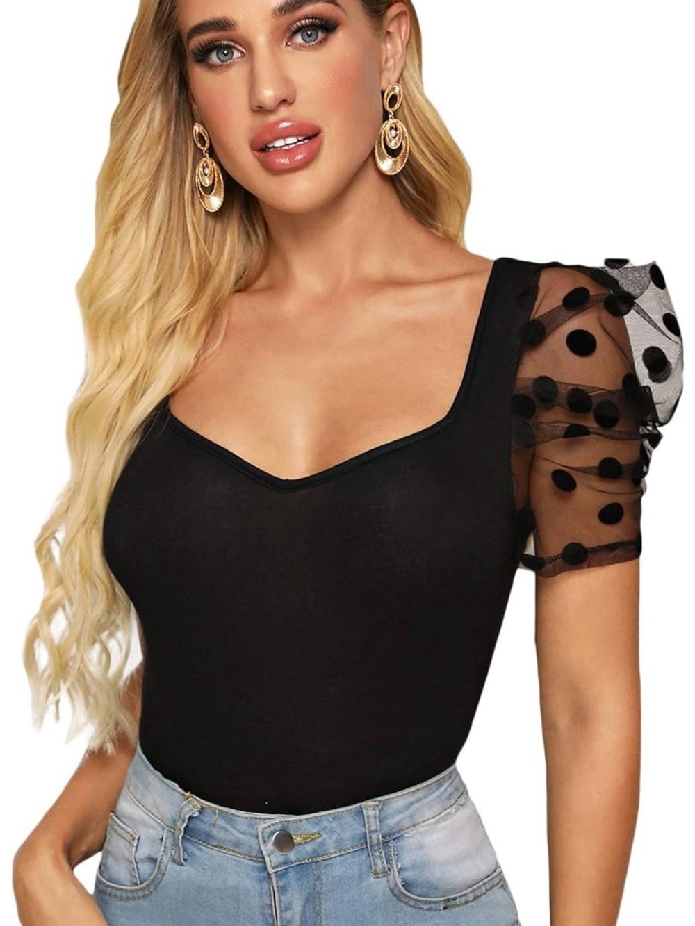 Black Puff Sleeve Polka Dot Mesh Top - Stylish Women's Top